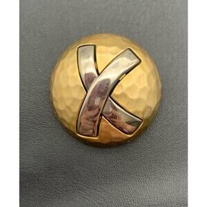 Vintage AJC Button Hammered Brooch Pin Jewelry Goldtone Silvertone X Cross